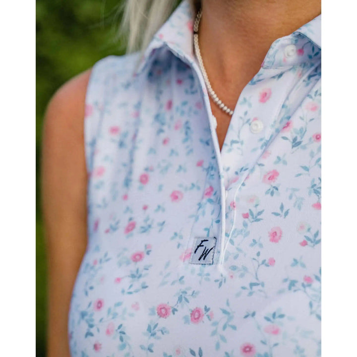 polo de golf sans manches femme full wedge fleurs porté